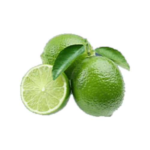 Three fresh limes, two whole and one cut in half, with green leaves attached, on a green background.