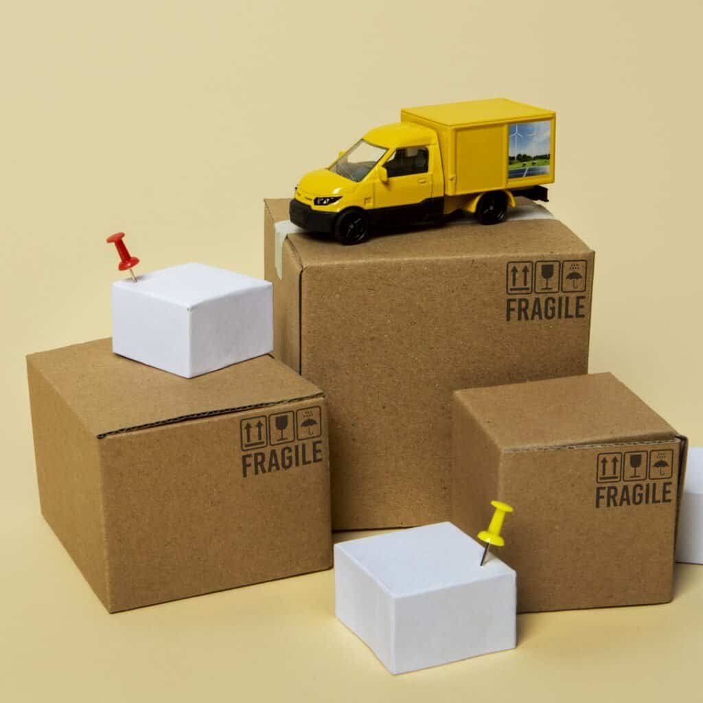 A toy delivery truck on top of a cardboard box with other boxes around it, some marked as fragile. There are also small white blocks with pushpins on them. The background is a plain, light yellow color.