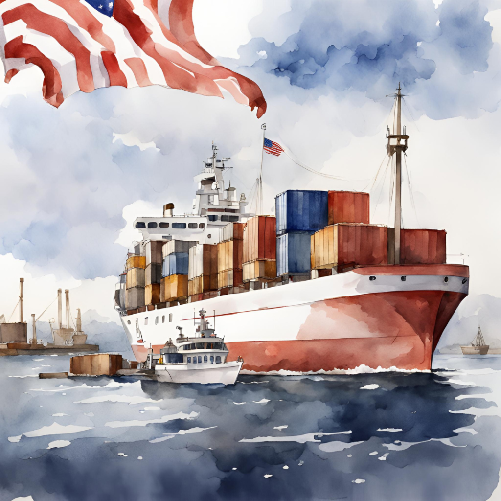 Watercolor painting of a cargo ship with American flag, symbolizing import/export of yak chews.