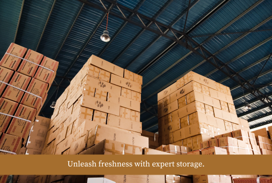 Image of a large warehouse filled with neatly stacked cardboard boxes under a blue ceiling, with text "Unleash freshness with expert storage.