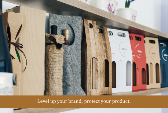 Various stylish packaging options for dog chews displayed on a shelf, with text "Level up your brand, protect your product.