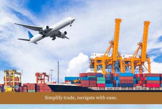 Image of an airplane flying over a port with cranes and shipping containers, symbolizing international trade and logistics with the text "Simplify trade, navigate with ease.