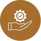 Graphic of a hand holding a quality guarantee seal, symbolizing assurance in packaging and product quality