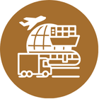 Icon representing various modes of international logistics including an airplane, shipping containers, and a truck, emphasizing global delivery services