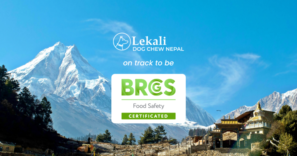 Banner with Lekali Dog Chew Nepal logo and text "on track to be BRCS Food Safety CERTIFICATED" over Himalayan landscape